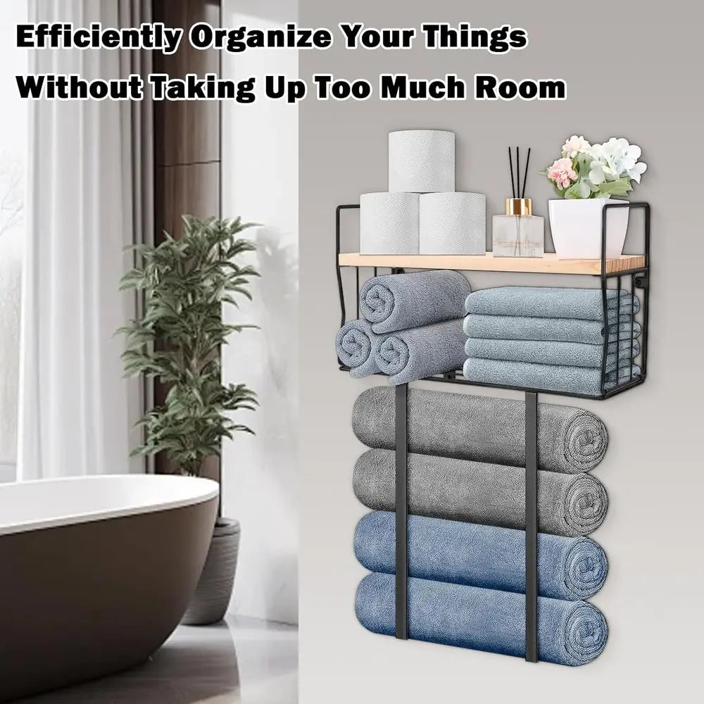 Black Wall-Mounted Metal Towel Rack with Storage Basket and Wooden Shelf for Small Bathrooms