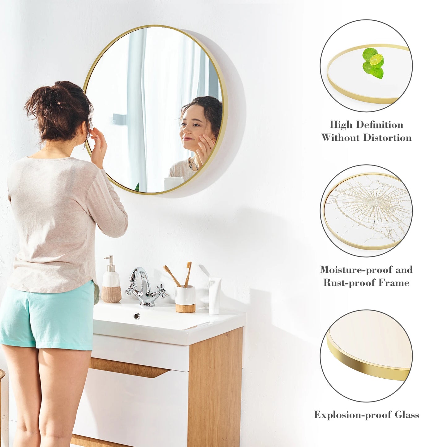 JHK Matte Metal Framed Round Vanity Mirror Wall Mount