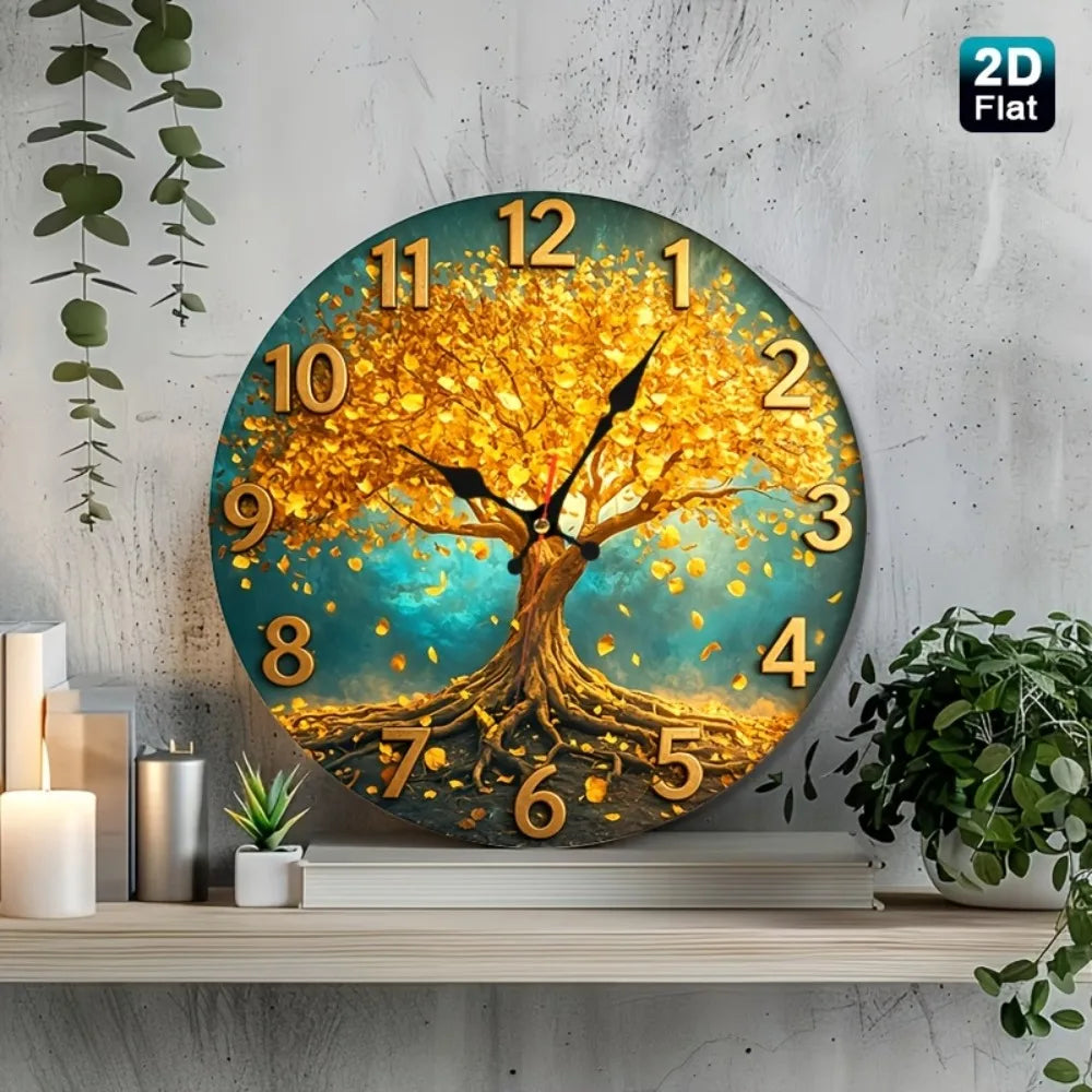 Tree Wall Clock With Golden Autumn Leaves For Rustic Nursery