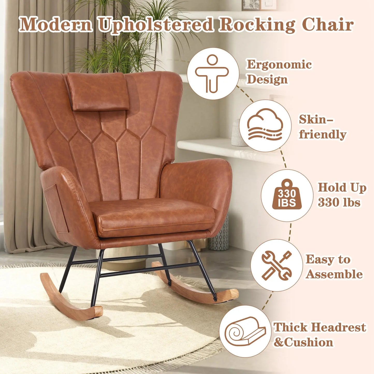 PU Leather Rocking Chair With High Backrest And Padded Seat