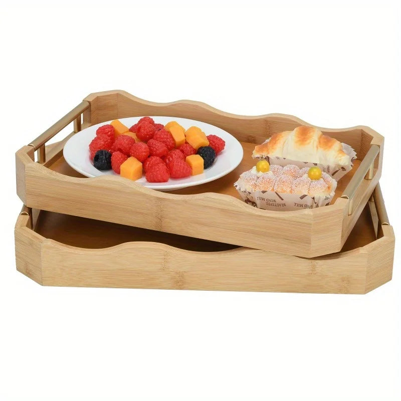 Bamboo Serving Tray Set Of 2 With Handles Wave Edge
