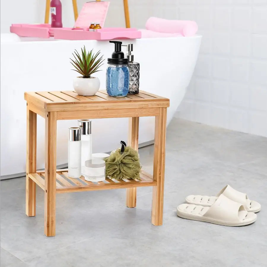 Bamboo Shower Bench Bath Seat Stool With Storage Shelf