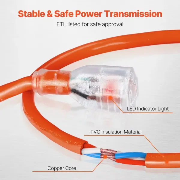 Heavy Duty Extension Cord 16AWG 10A Grounded Lighted End