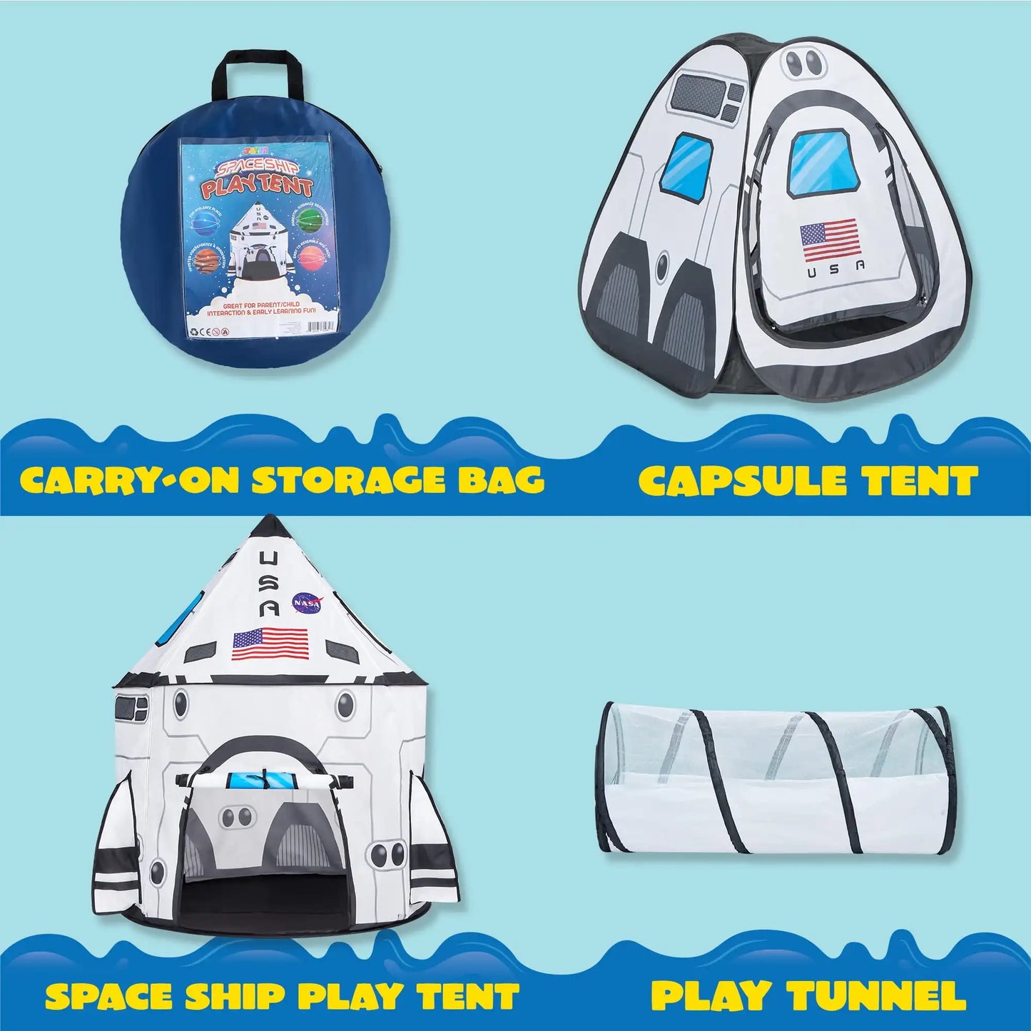 Joyfy Rocket Ship Pop Up Tent Set With Tunnel For Kids Pretend Play