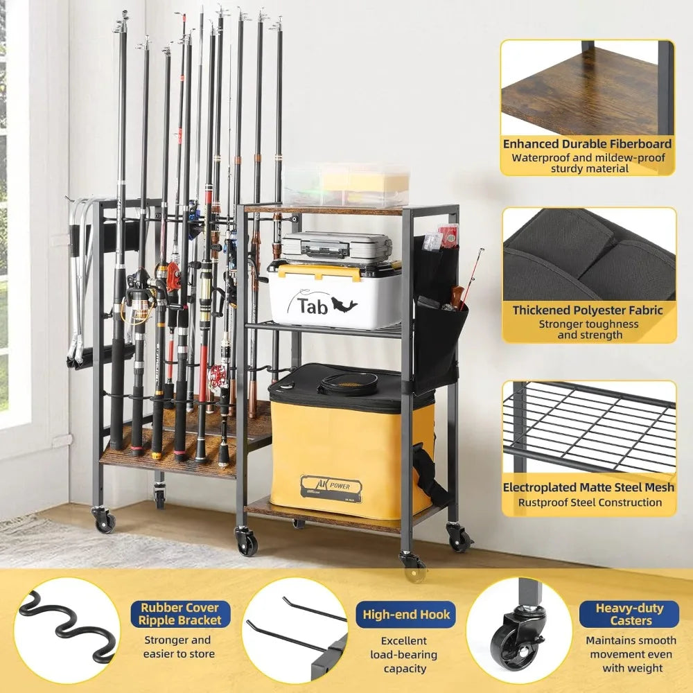 Rolling Fishing Rod Rack for Garage and Boat Cart Organization