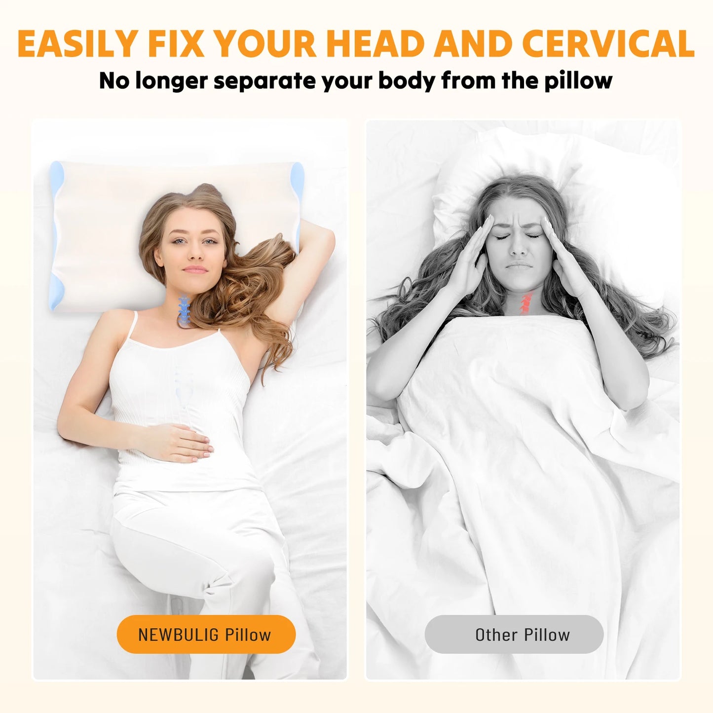 Ergonomic Contour Memory Foam Pillow for Neck Pain Relief Foam Bed Pillow with Cooling Washable Cover Pillowcase