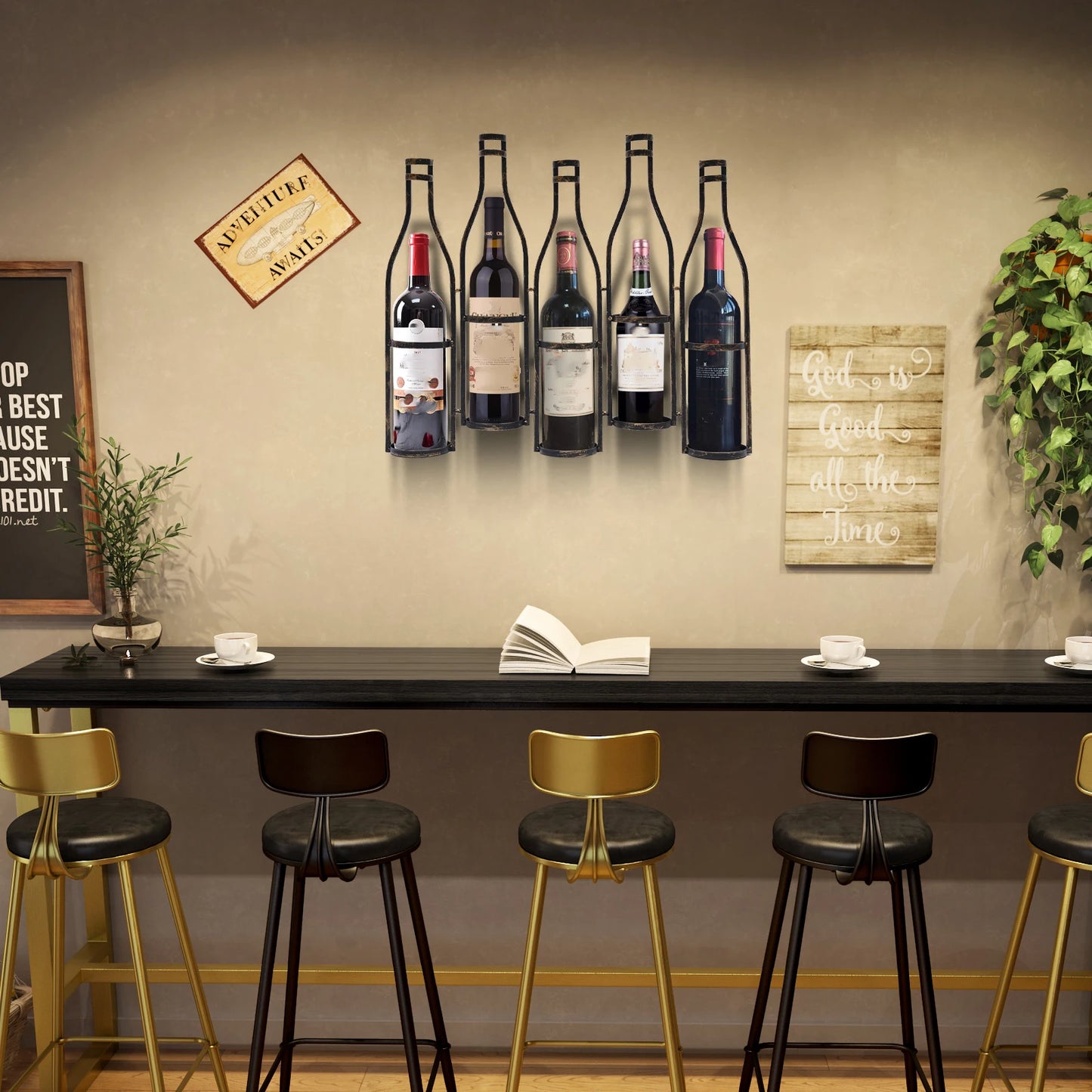 Wine Rack For Five Bottles Rustic Industrial Bronze Wall Mounted