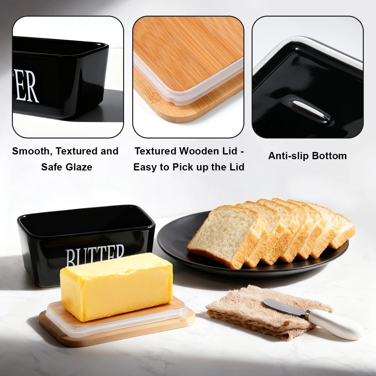 Ceramic Butter Dish With Bamboo Lid And Built In Knife