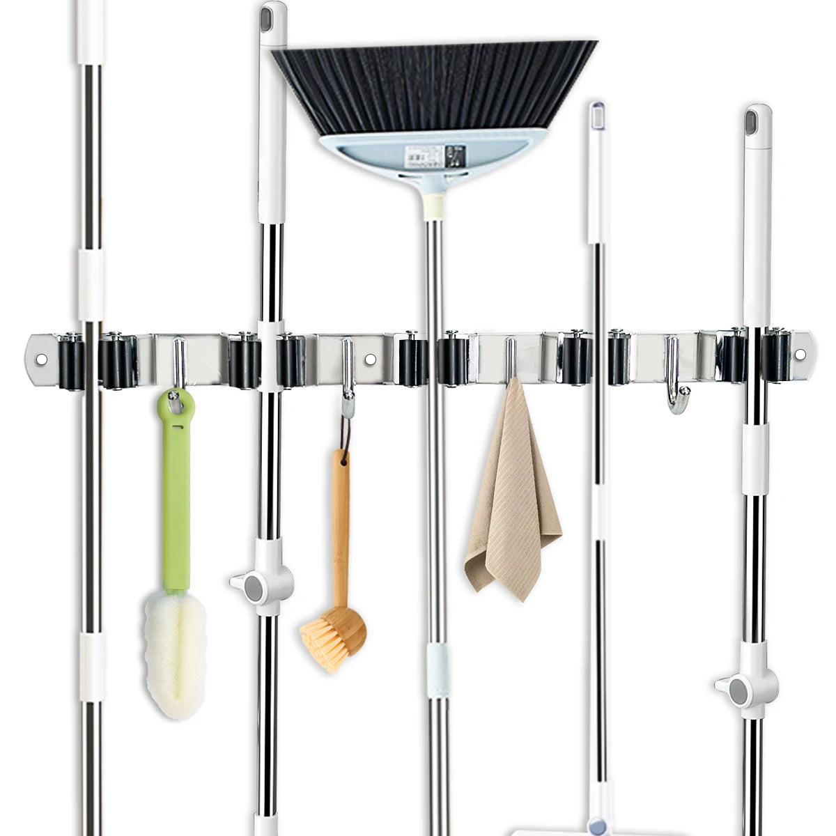 Stainless Steel Four Hook Broom Mop Organizer Wall Mounted Rack