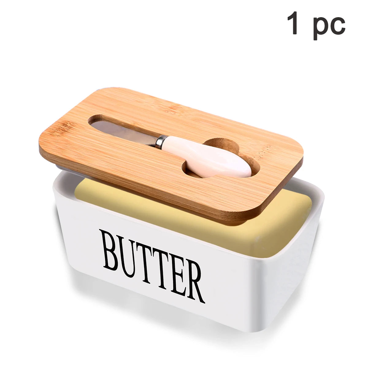 Ceramic Butter Dish With Bamboo Lid And Built In Knife