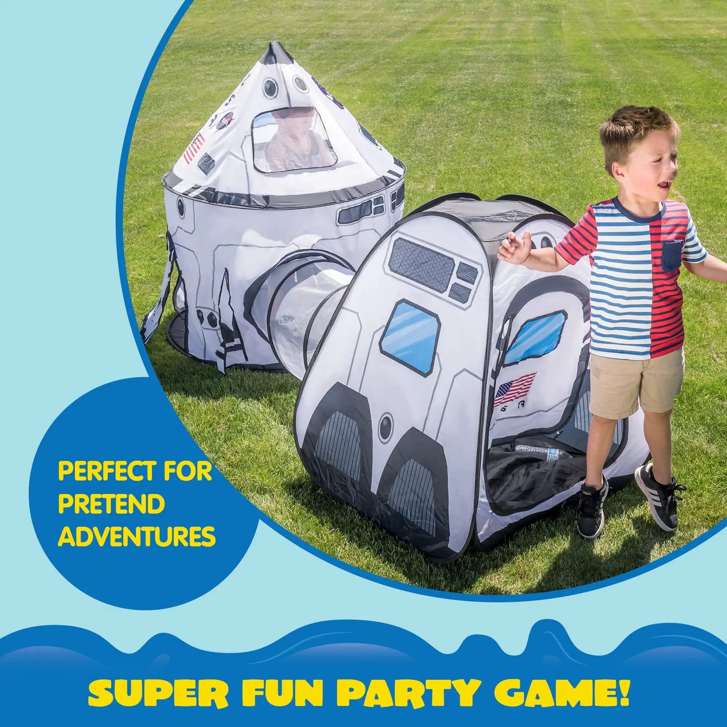 Joyfy Rocket Ship Pop Up Tent Set With Tunnel For Kids Pretend Play