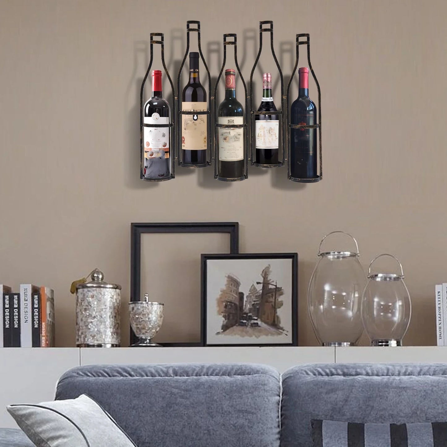 Wine Rack For Five Bottles Rustic Industrial Bronze Wall Mounted