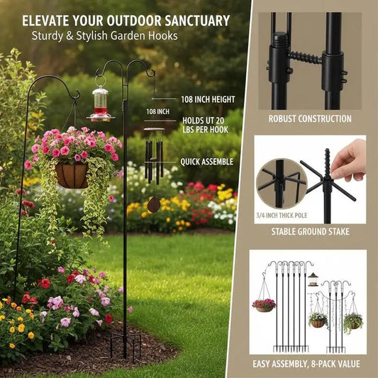 Double Shepherds Hooks for Outdoor, 8 Pack 108 Inch Heavy Duty Bird Feeder Pole, 3/4 Inch Thick Garden Hooks for Hanging Hummingbird Feeder, Plant Baskets, Solar Light Lanterns,Wind Chimes