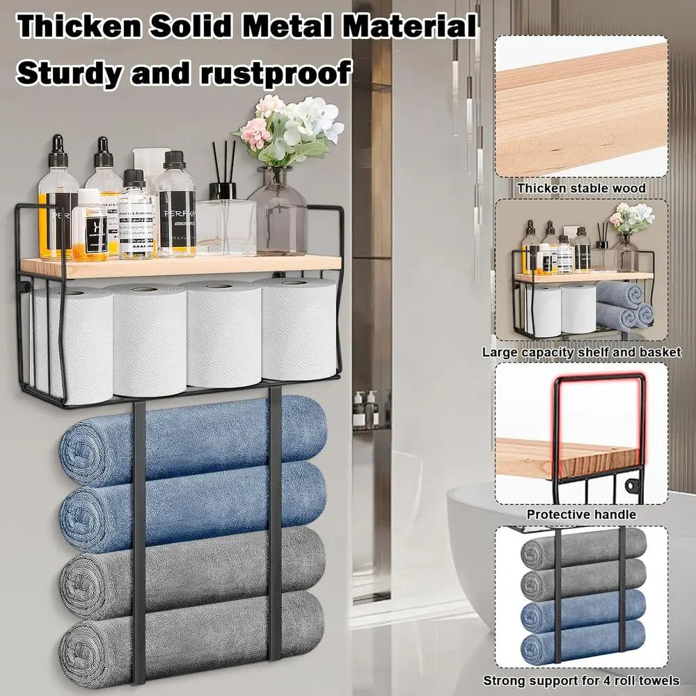 Black Wall-Mounted Metal Towel Rack with Storage Basket and Wooden Shelf for Small Bathrooms
