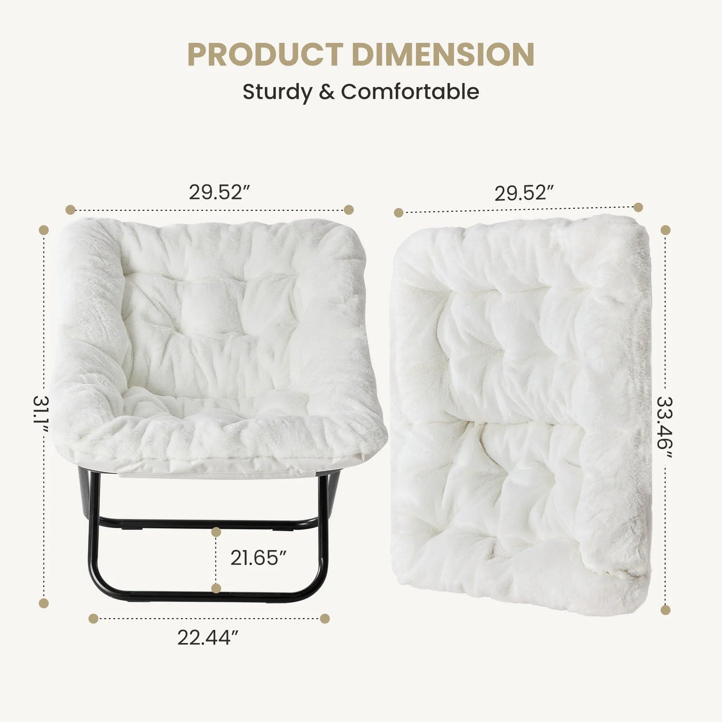 28IN Cozy Saucer Chairs Soft Faux Fur Large Size Folding Lounge Living Room Padded Seat Metal Frame Reading Chair Furniture