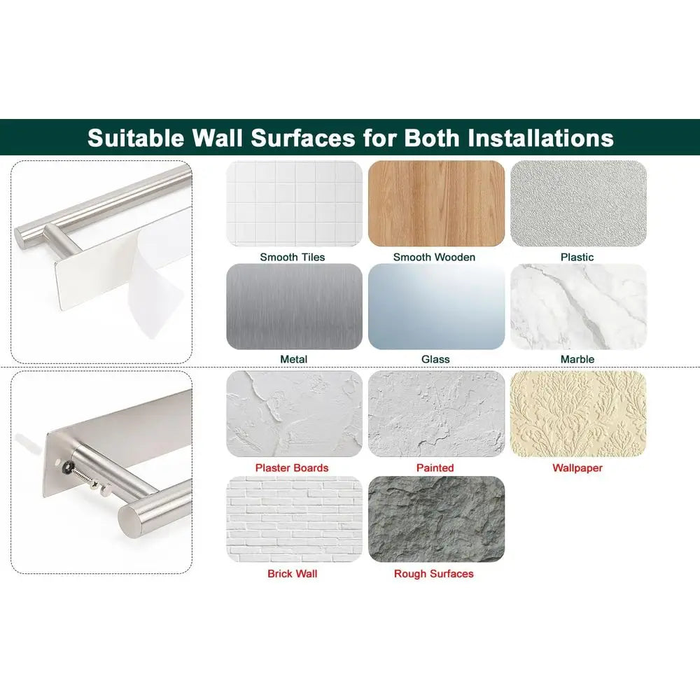 Stainless Steel No-Drill Towel Bar Wall Mount Single
