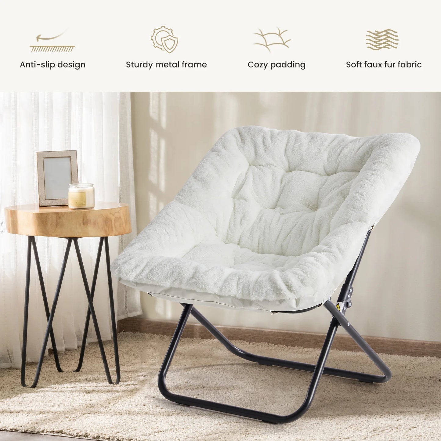 28IN Cozy Saucer Chairs Soft Faux Fur Large Size Folding Lounge Living Room Padded Seat Metal Frame Reading Chair Furniture