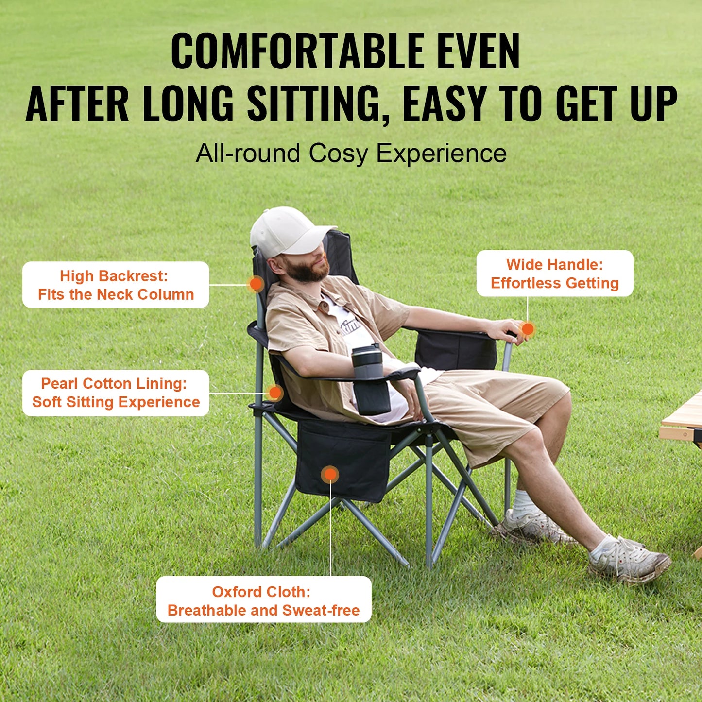 VEVOR Camping Folding Chair with Lumbar Back Support and Pockets