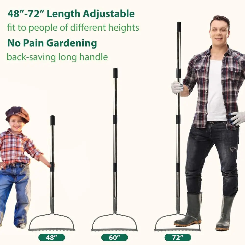 Long-Handled Garden Rake With 14 Metal Tines For Leaf Collection